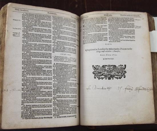 A King James I bible 1613-18, imprinted at London by Robert Barker, quarto, some losses